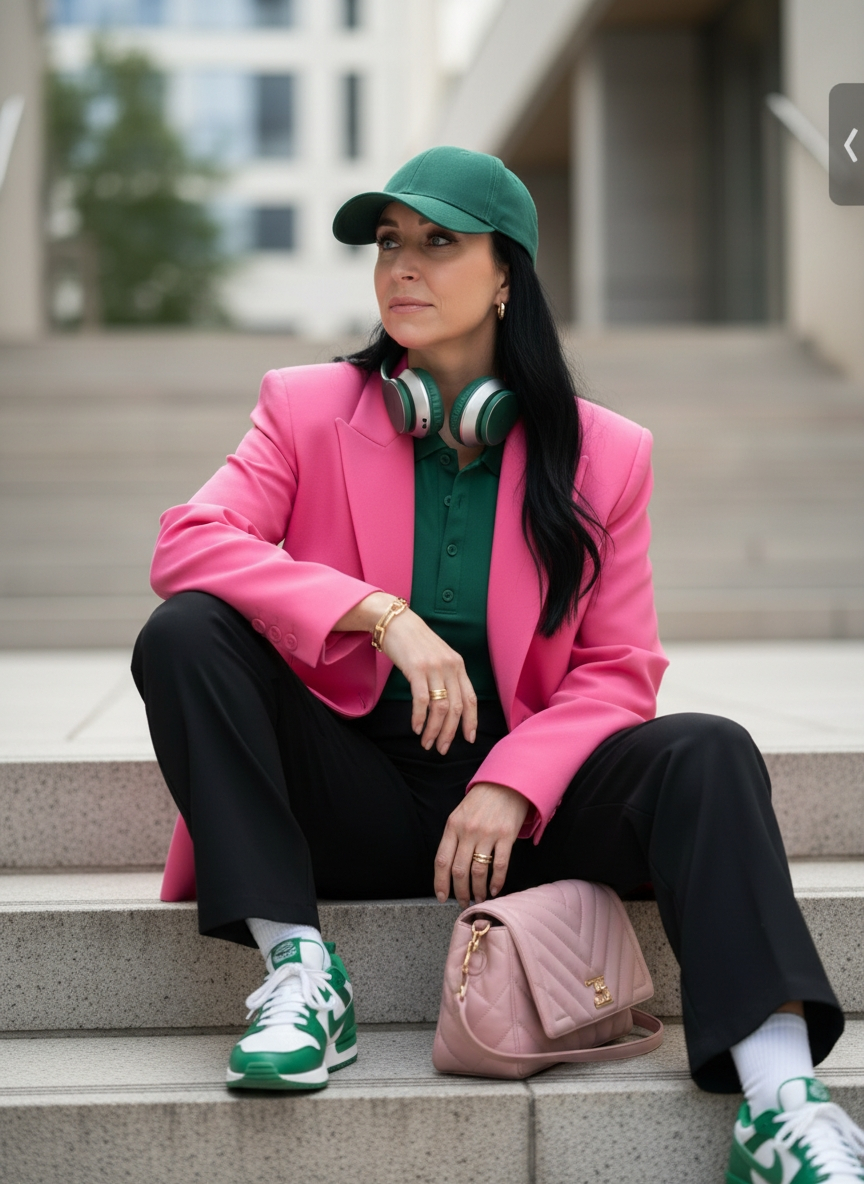 Madison, creator of The Clarity Check™, seated on steps in a pink blazer and green cap